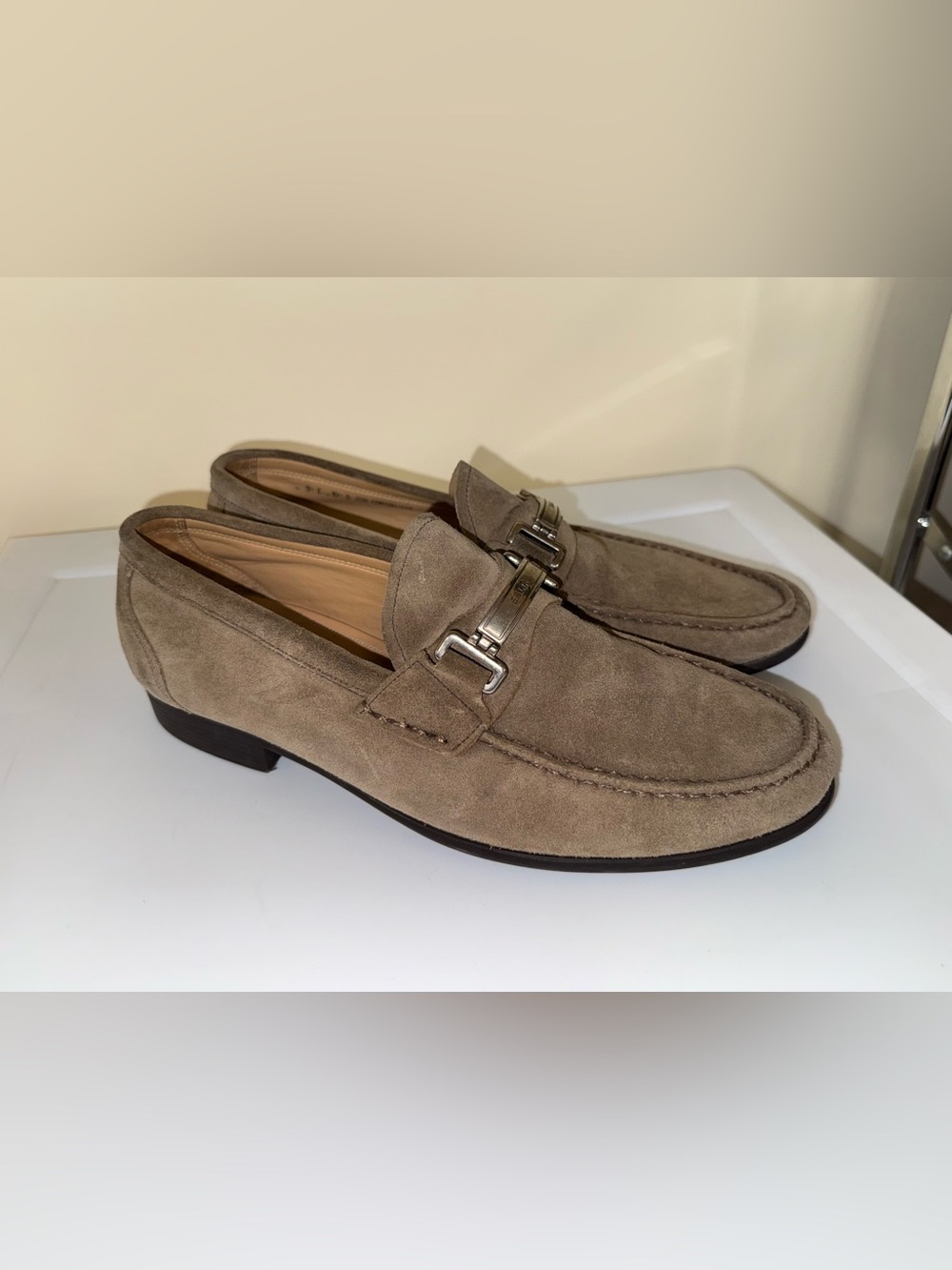 Bally Taupe Suede Leather Loafers Silver Bit Hardware Corton Size 10.5 US Men’s